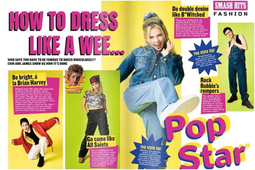 Magazine spread of the characters wearing 90s outfits with copy How to dress like a wee pop star