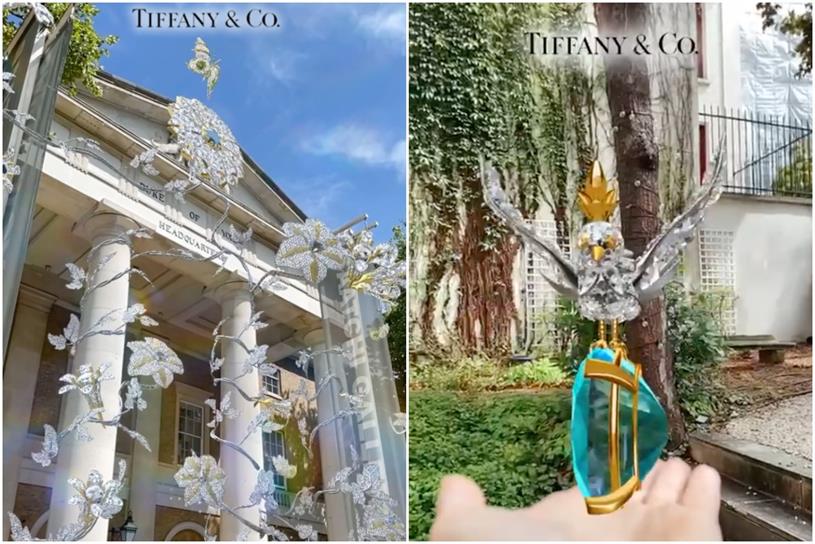 Image of the outside of the Saatchi Gallery covered in diamonds alongside image taken with the "Bird on a rock" lens