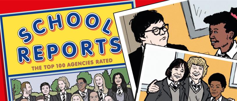 Graphic with illustrations of characters from Grange Hill with the words 'School reports' above