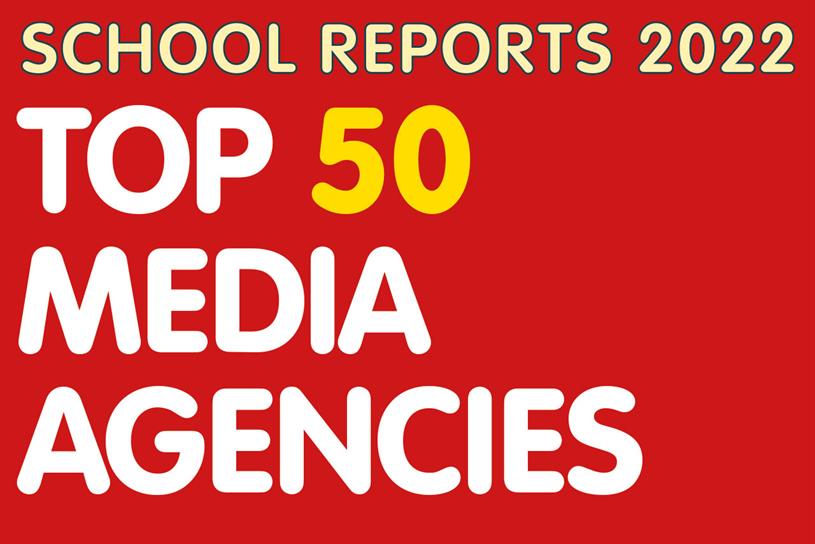 Graphic with red background and the words 'School Reports 2022 top 50 media agencies' in yellow and white