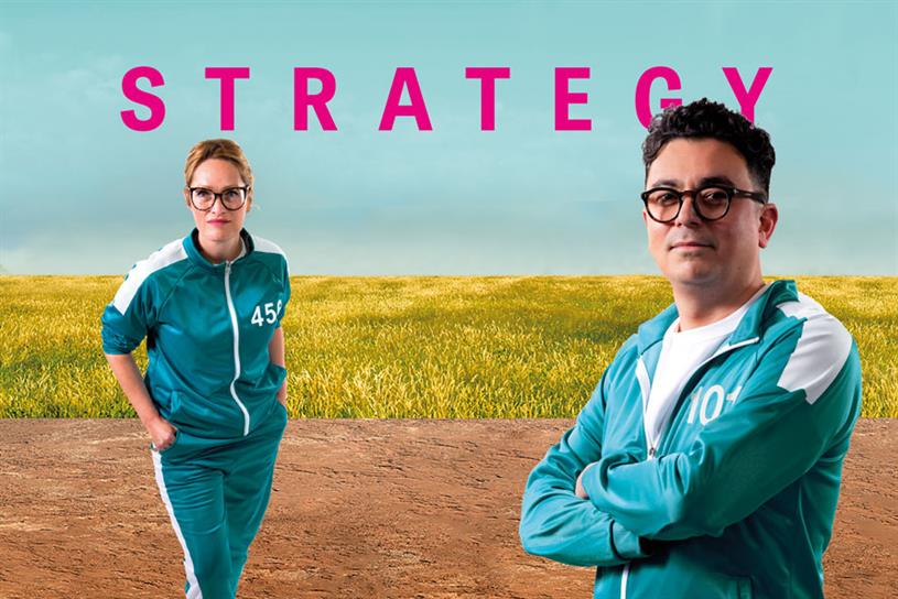 Images of Jo Arden on the left and Gen Kobayashi on the right, dressed in green and white Squid-Game-style tracksuits in front of a field with the word 'Strategy' in pink just above their heads