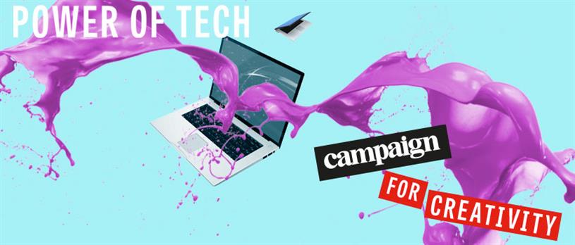 Graphic showing laptop with ink spilling out and words 'Power of tech. Campaign for creativity' overlaid