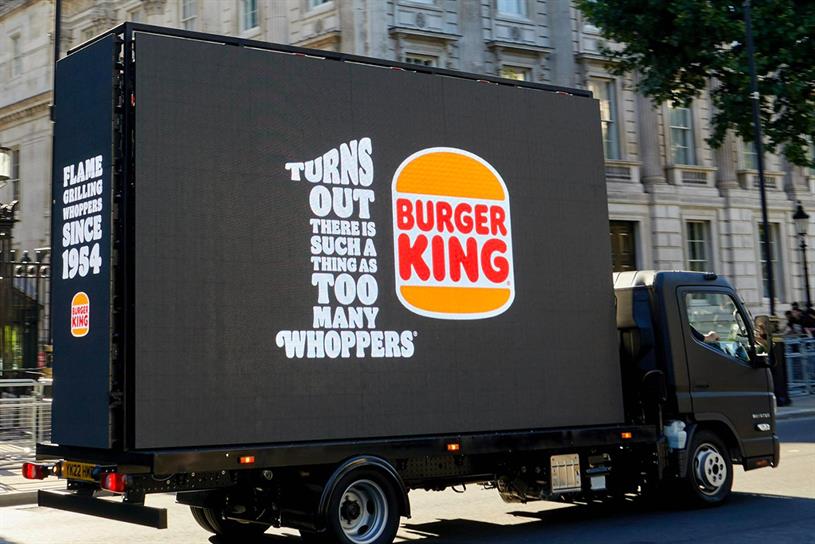 Burger King truck with the words 'turns out there is such a thing as too many whoppers'