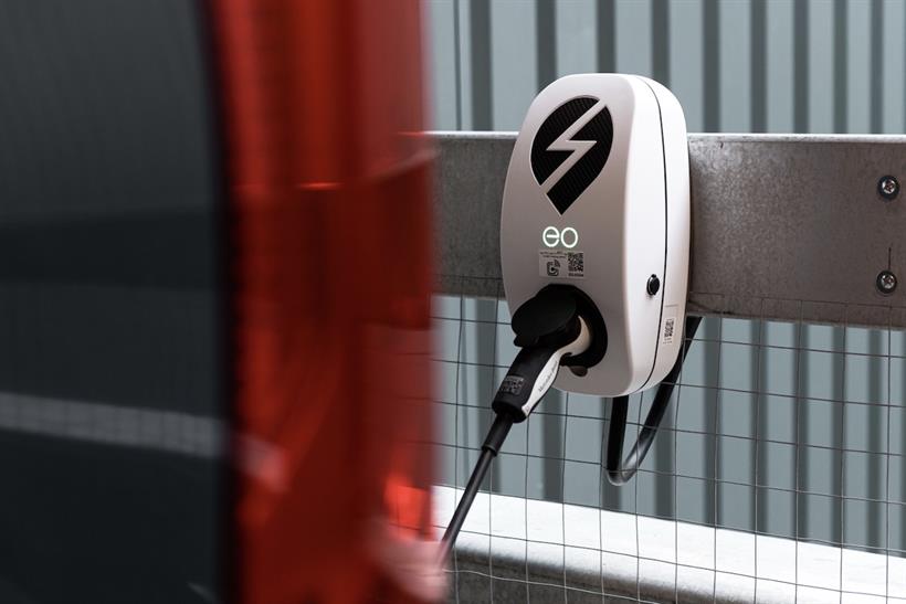 A photograph of an EO brand charger in situ