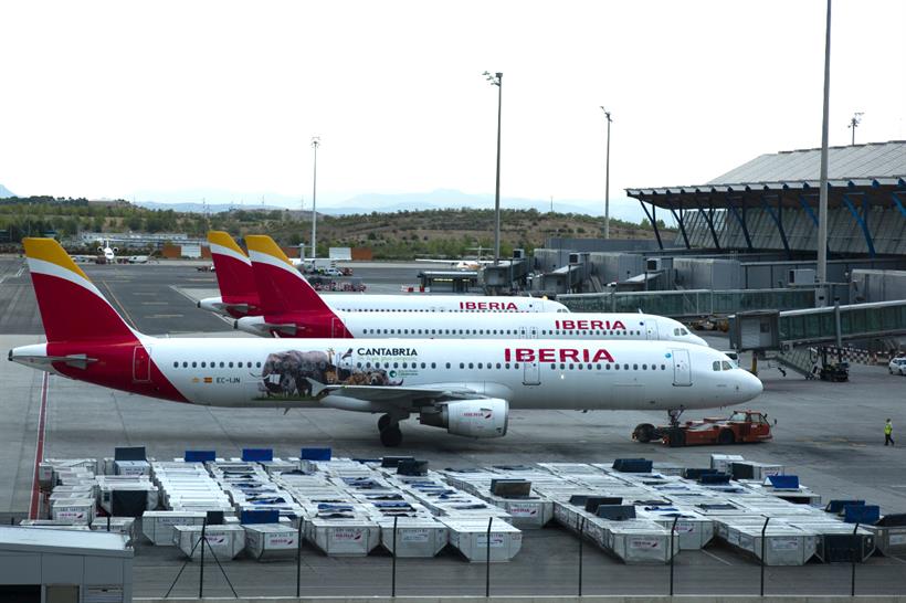 A row of Iberia jets at Adolfo Suarez Airport in Madrid, Spain