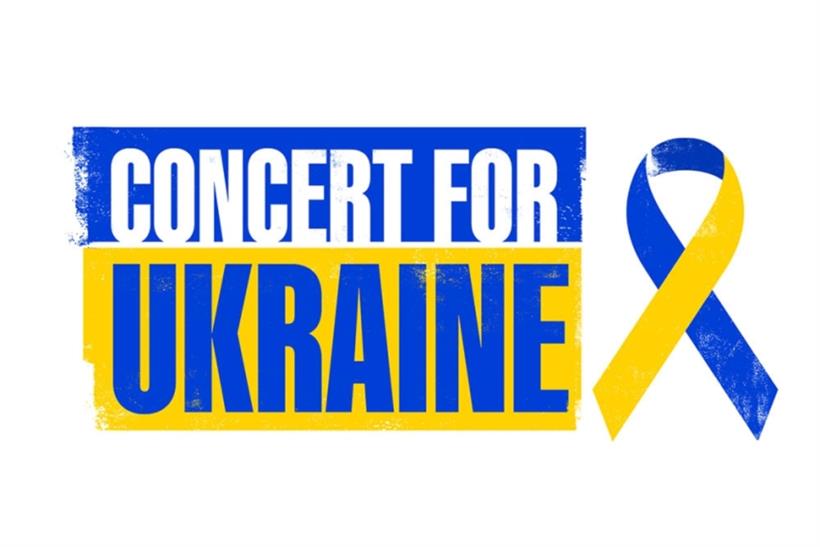 The text "Concert for Ukraine" with colours of the national flag, yellow and blue.