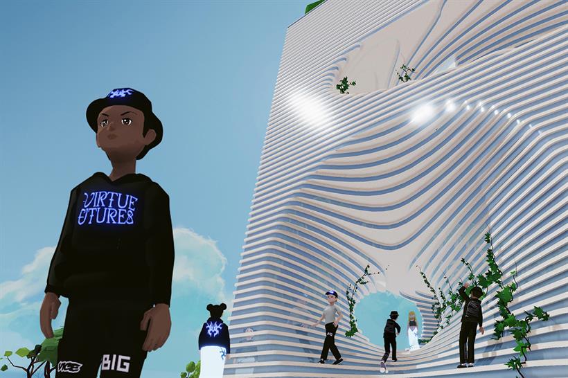 A male avatar stands outside of Vice Media Group's new metaverse office