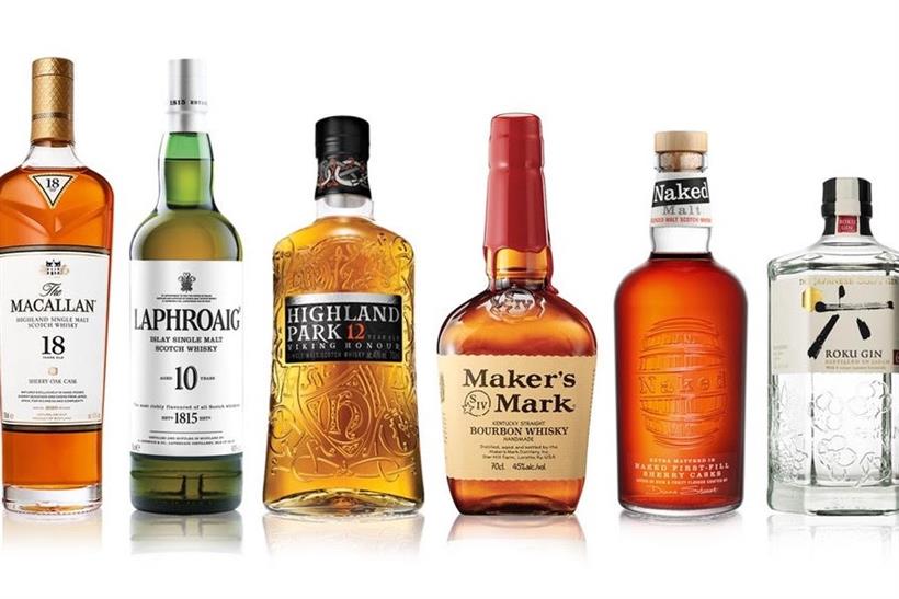 A line up of spirits: The Macallan, Laphroaig, Highland Park, Maker's Mark, Naked Malt and Roku Gin