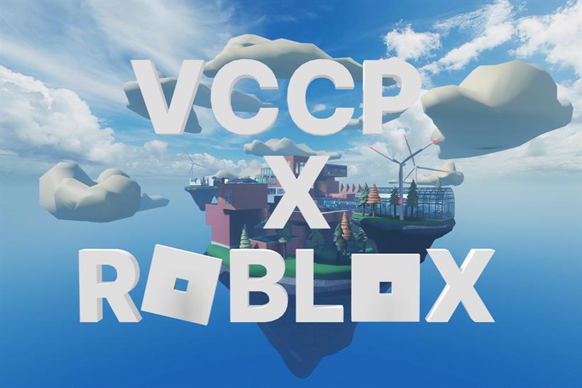 An in-game still of VCCP's virtual office in Roblox, the buildings sitting on top of an inverted pyramid of land floating in the sky