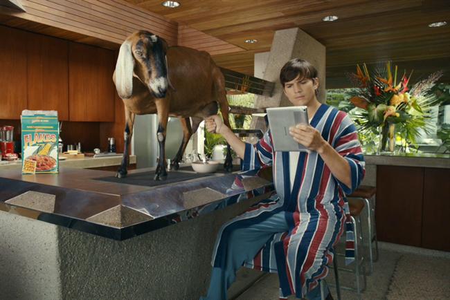 Ashton Kutcher milks a goat for Lenovo. 