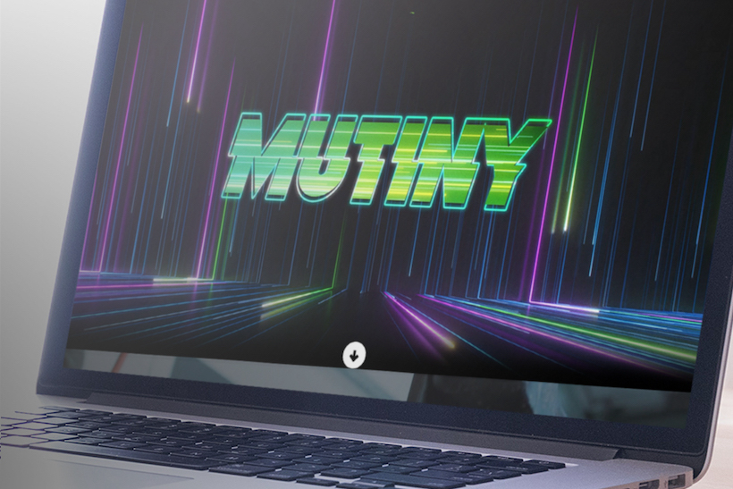Laptop displaying Mutiny gaming logo