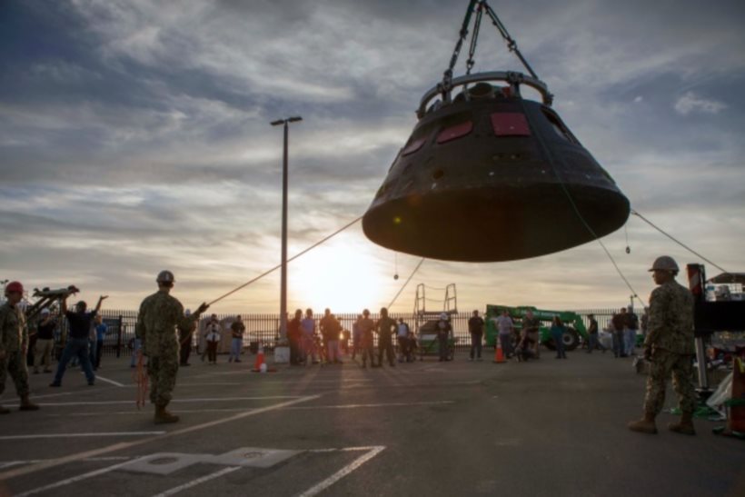 Orion being moved from the crew recovery cradle.