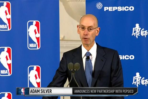 Adam Silver: the NBA commissioner announces the deal with PepsiCo at a press conference.