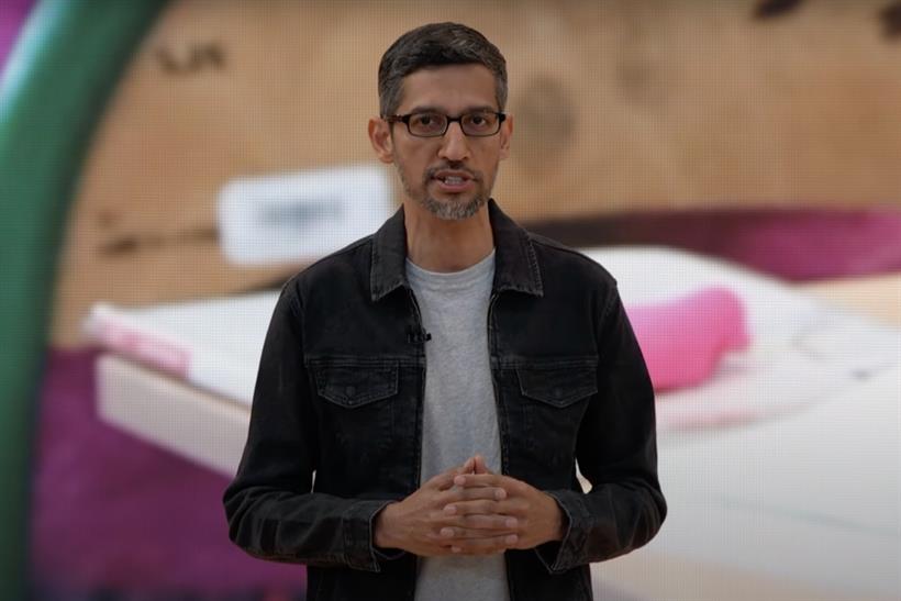 Alphabet and Google CEO Sundar Pichai is pictured on stage at the company's annual I/O developer conference in May.