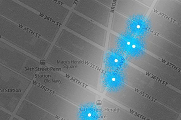 Buzzfeed tracked the location of beacons through Midtown Manhattan. 