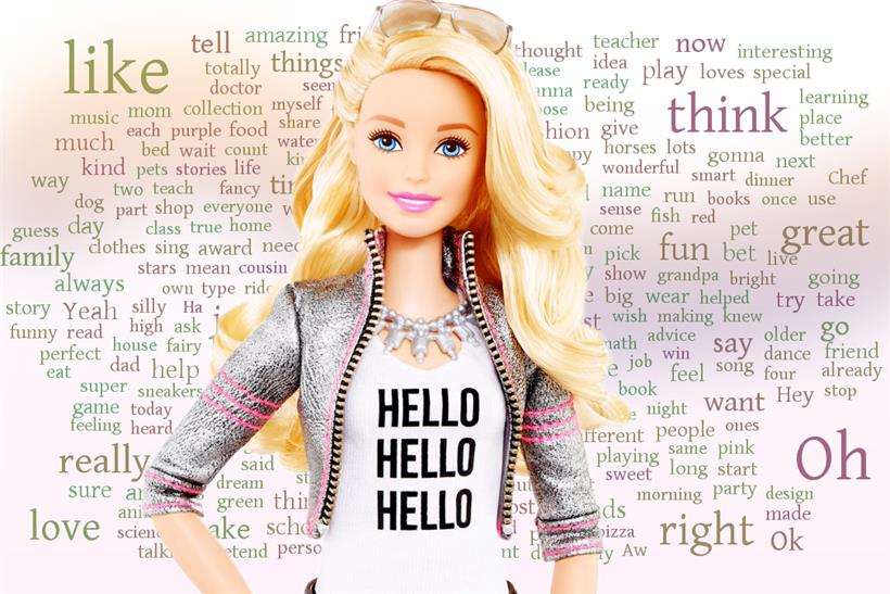 Hello Barbie, superimposed on the top 250 words in the doll's vocabulary.