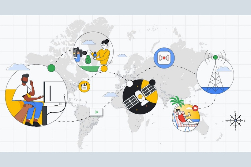 Clip art of people and technology on a world map