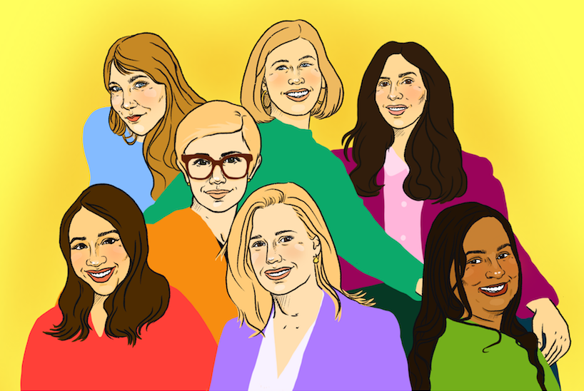 Illustration by Kelsee Thomas of the all-female leadership team. Top row: Fiona Hughes, Alexa Tonner, Natalie Silverstein; Middle: Ryan Stern; Bottom: Angelita Sierra, Amy Luca, Rashmi Nigam