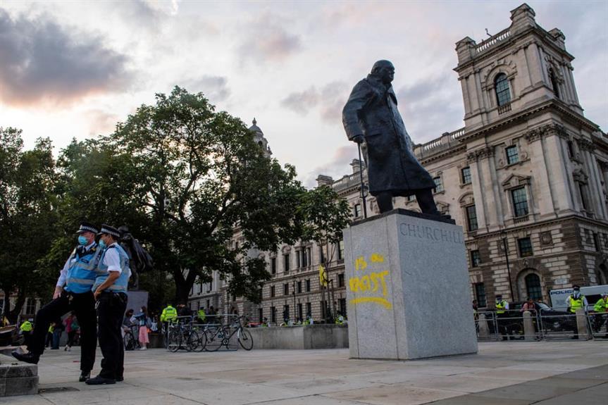The statue of Winston Churchill in Whitehall, which was attacked last September. New rules to protect statues are due this spring. Image: Getty