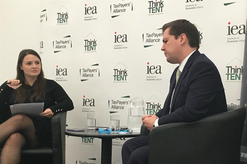 Housing secretary Robert Jenrick speaking at the Institute of Economic Affairs Conservative Party Conference fringe event