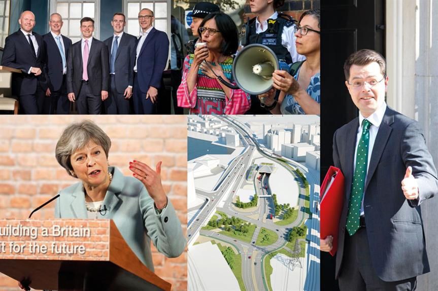 Clockwise from top left: GVA acquires HOW Planning; protests against the Elephant and Castle shopping centre scheme; newly-appointed housing secretary James Brokenshire; visualisation of the Silvertown tunnel entrance; the Prime Minister launches the