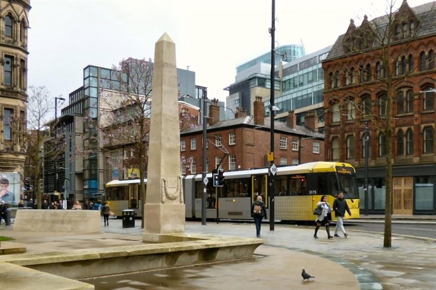 Green transport: a tram in central Manchester. Image: Gerald England / geograph (CC BY-SA 2.0)