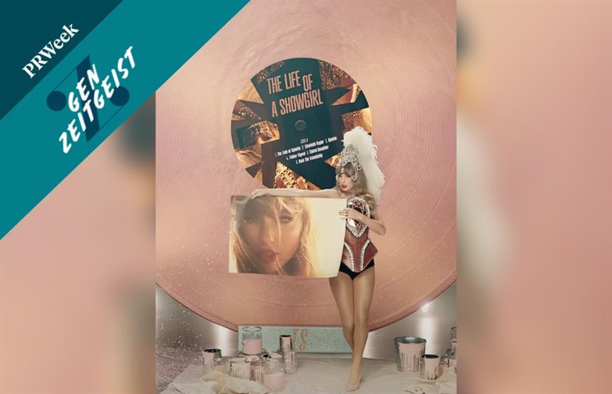 PRWeek Gen Zeitgeist wordmark on screenshot of Taylor Swift holding a Taylor Swift poster standing in front of a giant "The Life of a Showgirl" record
