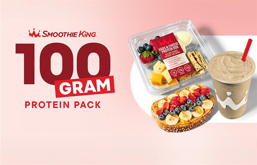 Ad for Smoothie King 100 Gram protein pack showing fruit, cheese, crackers, bread with fruit, and a smoothie