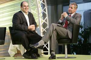 Easyjet founder Stelios Haji-Ioannou with ITN presenter Mark Austin at the Marketing Society conference