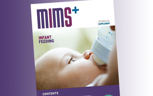 Image of front cover of MIMS Supplement on Infant feeding showing a baby with a feeding bottle in its mouth