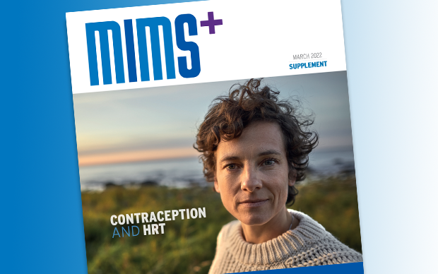 Image of front cover of MIMS Supplement on contraception and HRT showing a woman against a coastal backdrop.