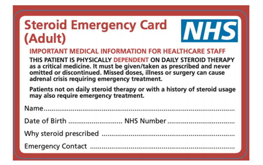 The steroid emergency card should be given to all patients with primary adrenal insufficiency and those who are steroid dependent.