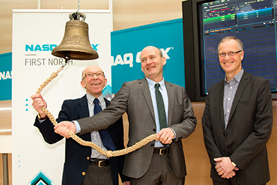 Better times: Cortus CEO Rolf Ljunggren (centre) opens trading at the NASDAQ OMX in Stockholm in 2013