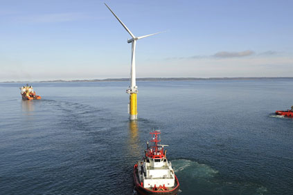 A Hywind foating turbine being tested off the Portuguese coast