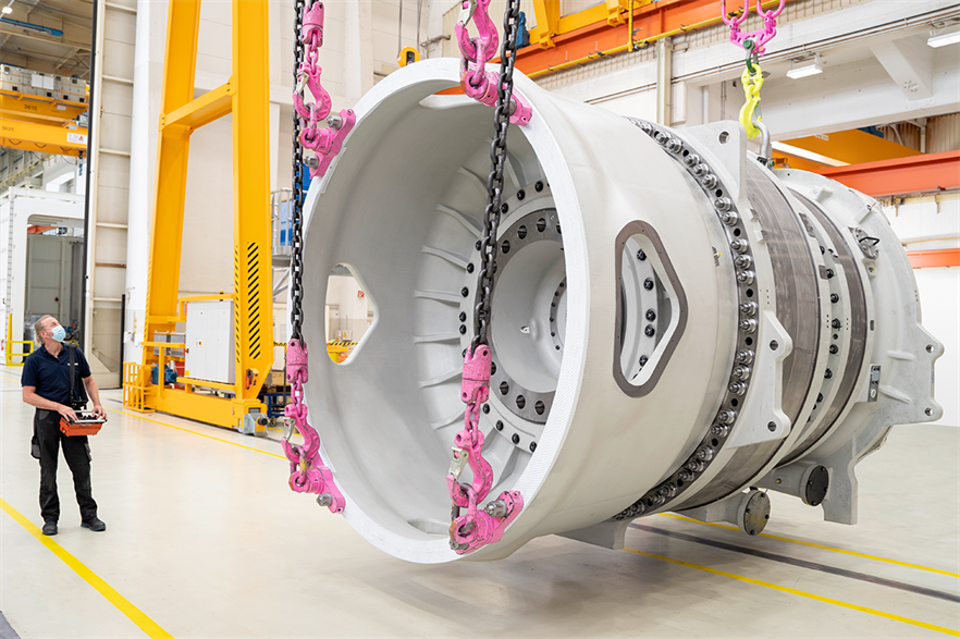 A finished 10MW gearbox is brought into a horizontal position after vertical assembly