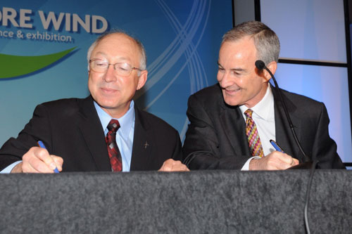 Back in 2010, interior secretary Ken Salazar and Cape Wind CEO Jim Gordon signing the project's lease