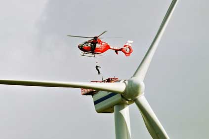 A turbine being serviced at the neighbouring Greater Gabbard Offshore Wind Farm