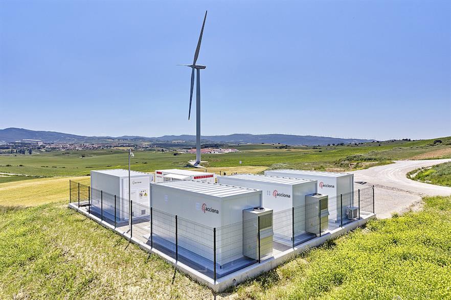 A 3MW turbine is connected to a rapid-response battery and a slower version at Barasoain wind farm (pic credit: Acciona)