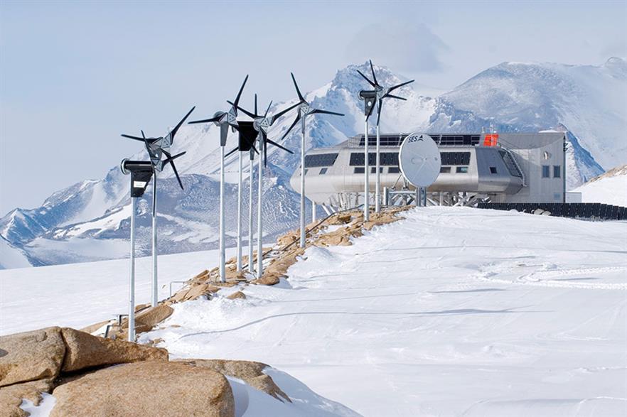 Wind turbines and solar panels cover the Antarctic research station’s entire energy needs