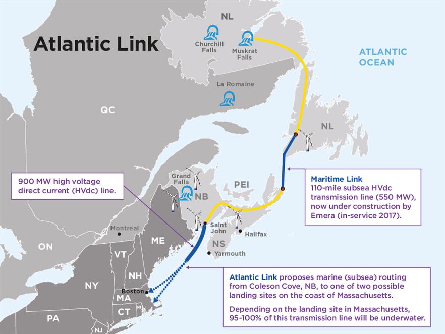 Emera's proposed Atlantic Link would transmit power from New Brunswick to Massachusetts