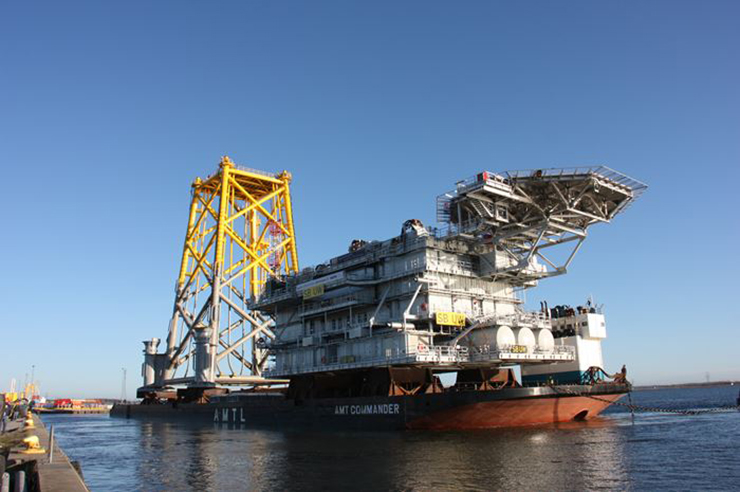 The substation and jacket foundation destined for Sandbank leaves Aalborg
