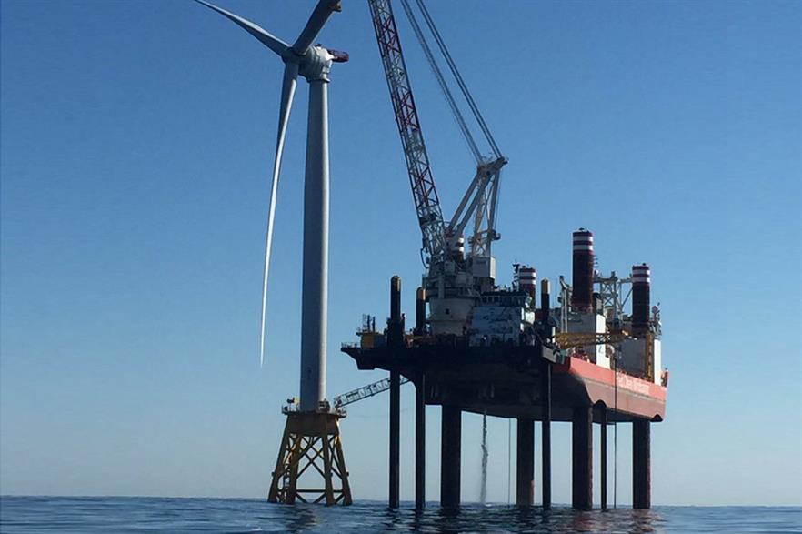 The first offshore project in the US, Deepwater Wind's 30MW Block Island site, under construction in 2016 (pic: Jeff Grybowski)