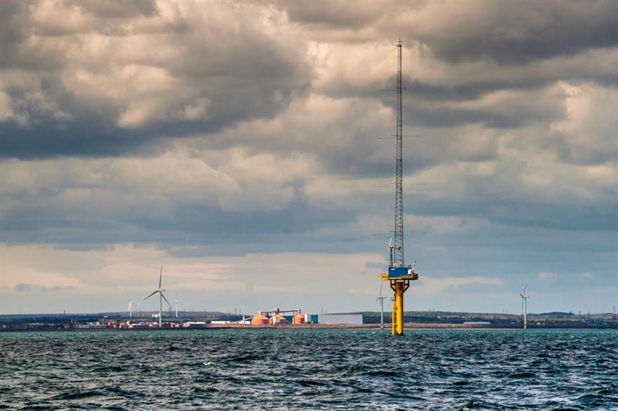 The 99.9MW offshore demonstration wind site in Blyth, Northumberland, with Narec’s offshore anemometry platform in the foreground