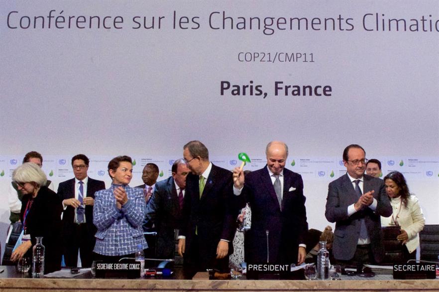 French foreign minister Laurent Fabius brings down the gavel as 195 representatives approve climate agreement