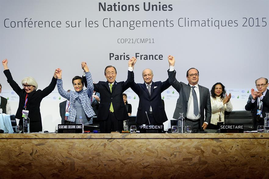 French foreign minister Laurent Fabius (centre) celebrates with UN secretary general Ban Ki Moon (third from left) and French President Francois Hollande (fifth from left)