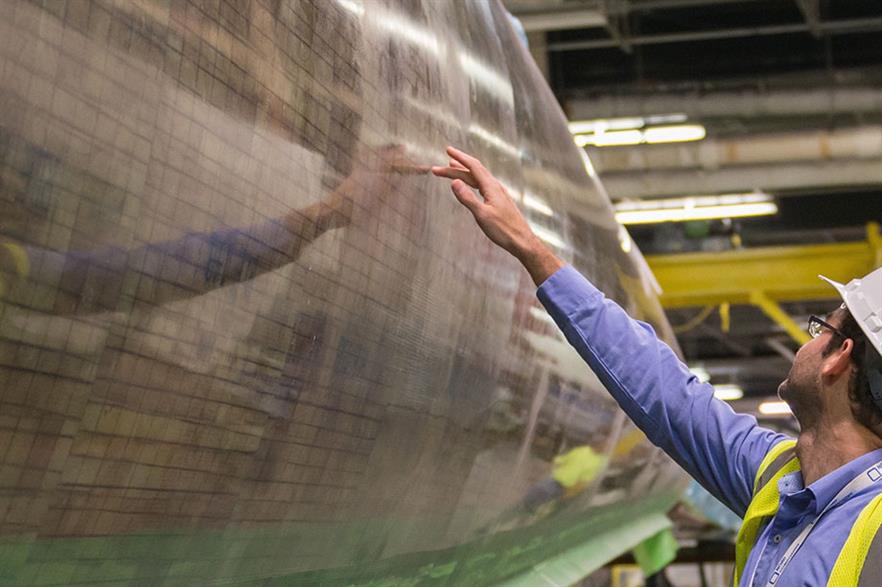 Inspecting… Joint and laminate of the epoxy resin, balsa core and glass-fibre D78 blade (pic: Eric-Bordelon, NASA)