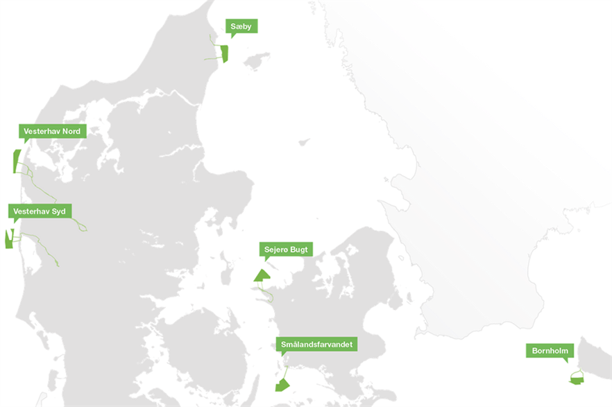 The six nearshore sites are located around Denmark - up to 350MW will be auctioned