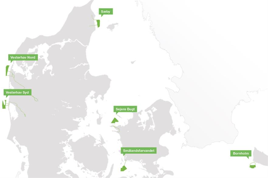 The Vesterhav Nord and Syd sites (left on the map) are due to be developed off Denmark's west coast