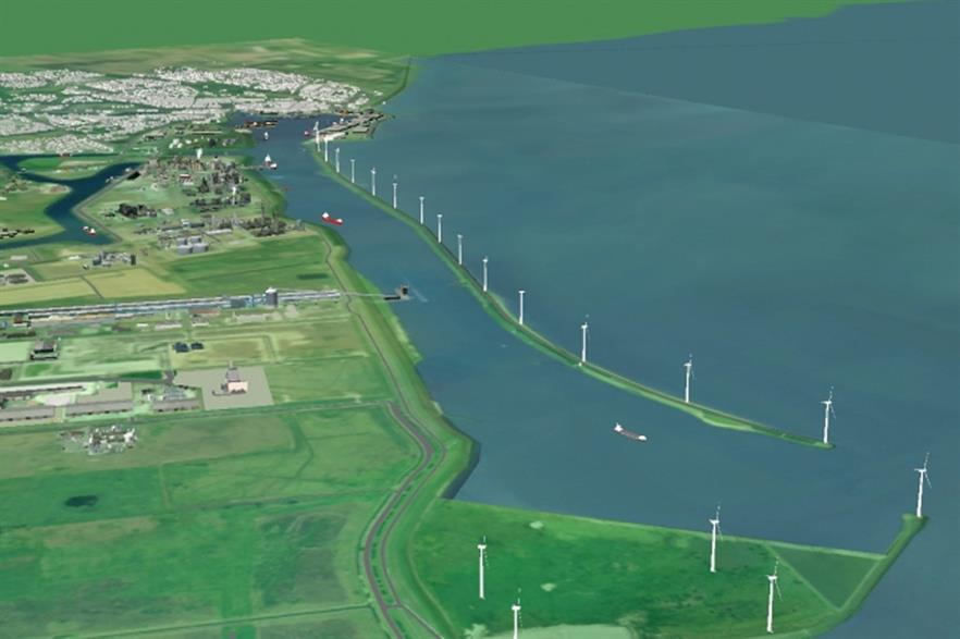 The project features turbines constructed on a dyke
