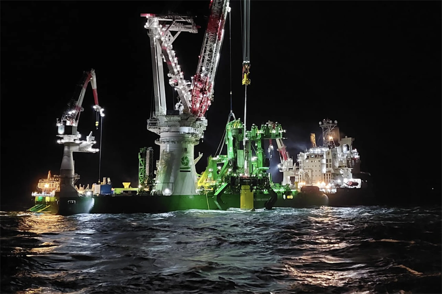 Deme deployed the Orion to installe the 2,000-tonne monopiles in the Baltic Sea